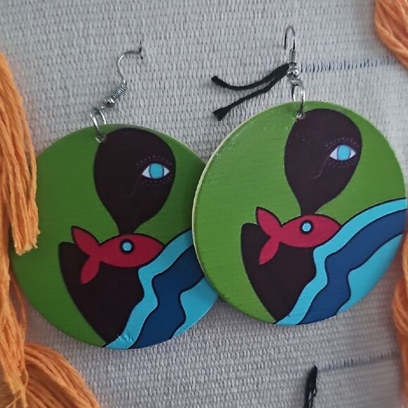 Artistic Green and Blue Earrings - Picture 1 of 2